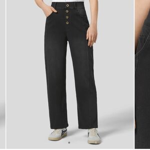 High Waisted Decorative Button Multiple Pockets Straight Leg Stretchy Knit Cas